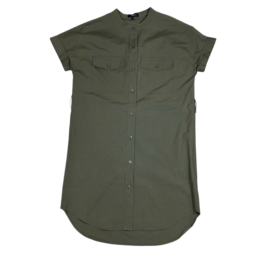 Theory Button Short Sleeve Shirt Stretch Dress w/ Chest Pockets Women Army Green